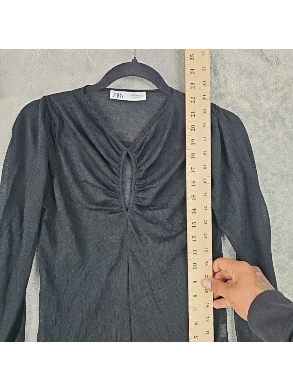Zara Blouse Womens M Black Mesh V Neck Long Puff Sleeve Keyhole Sheer Stretch